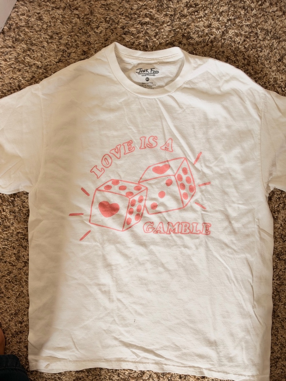 Junk Food Clothing White Tee with Pink Dice "Love Is A Gamble" Graphic
